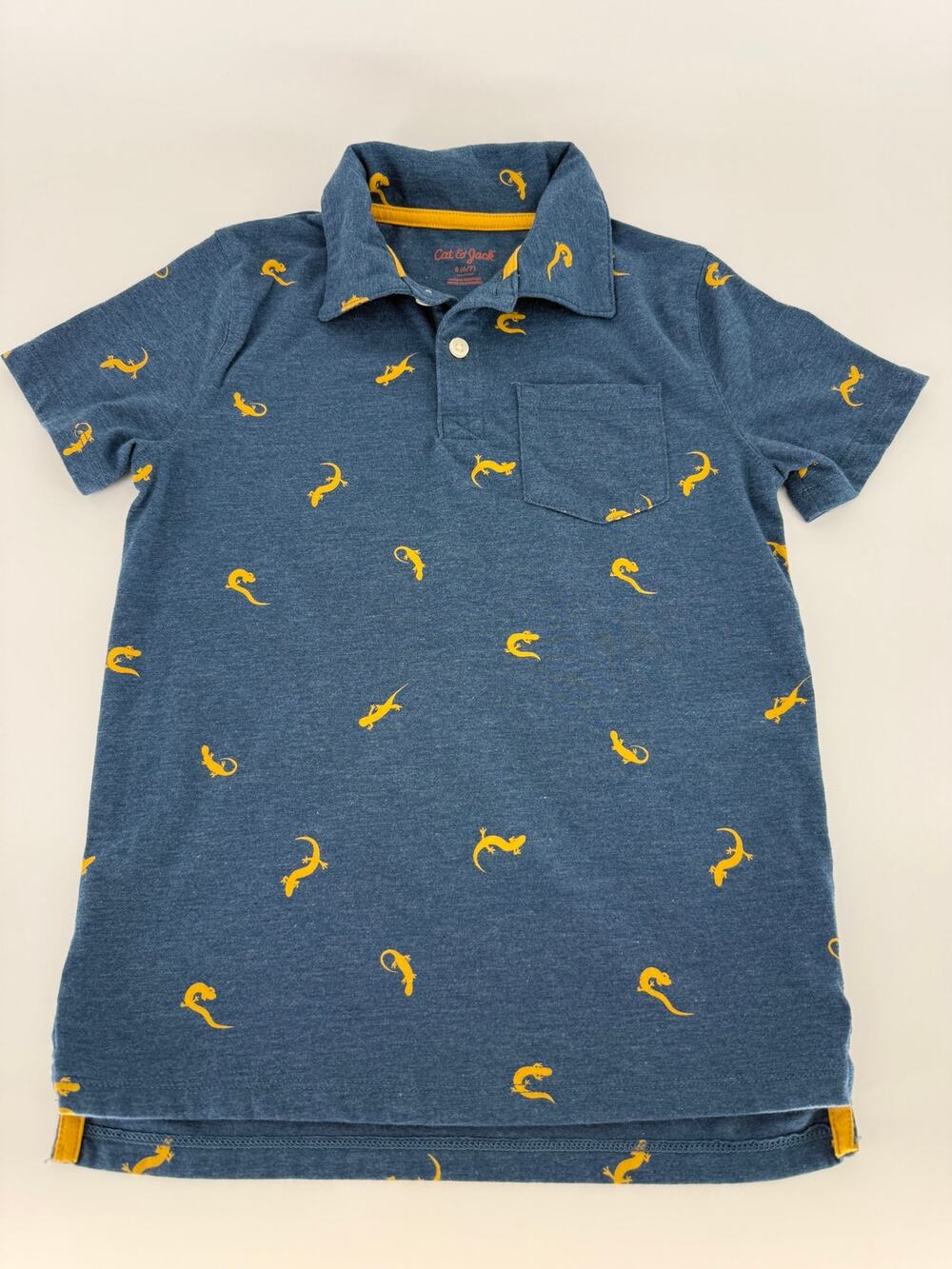 Cat & Jack Boys Polo Shirt Size 6/7 Blue Yellow Lizard Print Short Sleeve
